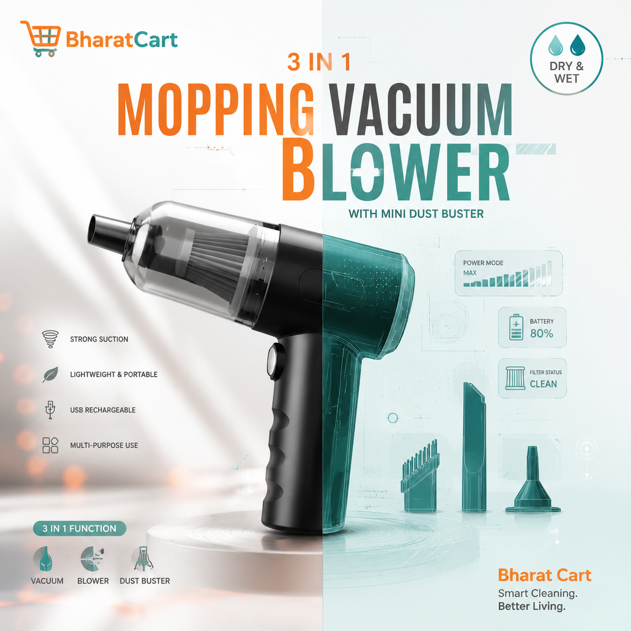 3 in 1 Mopping Vacuum Blower with Mini Dust Buster USB Portable Vacuum Cleaner Dry and Wet